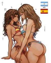 2d 2d_artwork argentine_flag argentinian_flag_bikini bikini female female_only flag_bikini holding_face holding_head holding_leg simple_background spanish_flag spanish_flag_bikini tagme tagme_(artist) white_background yuri
