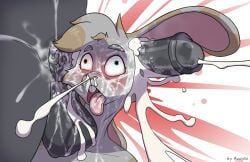 animal_genitalia animal_penis anthro avioylin balls big_balls big_penis blush bodily_fluids buckteeth cum cum_from_mouth cum_in_mouth cum_inside cum_on_face death duo ear_penetration equine_genitalia equine_penis erection flared_penis forced genital_fluids genitals grey_body headshot_portrait hi_res killian_(waladeci) lagomorph leporid male male/male mammal mind_break open_mouth penetration penis portrait rabbit rape sex simple_background solo spots teeth