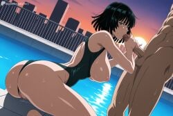 1boy 1girl ai_generated ass black_hair black_one-piece_swimsuit blush breasts breasts_out clothing_aside competition_swimsuit digitalwaifugallery erection fellatio fubuki_(one-punch_man) green_eyes hetero hi_res high_quality high_resolution large_breasts looking_at_viewer looking_back nipples one-piece_swimsuit one-punch_man oral outdoors patreon patreon_username penis pool poolside pussy pussy_juice seductive sexy short_hair solo_focus swimsuit uncensored water watermark