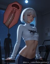 1boy 1girl ai_generated arm_support bangs blue_eyes blush bob_cut breasts crop_top cross-section explicit full_moon hetero indoors lips long_sleeves looking_at_viewer medium_breasts midriff moon navel night night_sky nyx_x pants parted_lips penis sex short_hair sky solo_focus standing stomach sweater turtleneck uncensored vaginal veins veiny_penis white_hair window