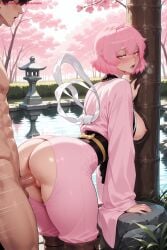 1boy 1girl against_tree ai_generated anus ass bangs blush breasts breasts_outside bush cherry_blossoms day doggystyle hetero hi_res high_quality high_resolution japanese_clothes jigokuraku kimono kiraamane large_breasts looking_at_viewer looking_back nipples open_mouth outdoors patreon penis pink_hair pink_kimono pink_skin pussy seductive sex sex_from_behind sexy short_hair solo_focus tao_fa tree uncensored vaginal watermark yellow_eyes