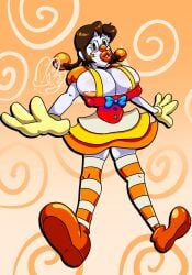 2d_(artwork) bimbo bimbo_lips bowtie breasts_bigger_than_head cartoon_gloves clown_girl clown_nose clown_shoes huge_breasts nipple_bulge orange_lipstick overalls pigtails thegreenthief white_skin