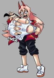 2d_(artwork) breast_expansion breasts_bigger_than_head breasts_bigger_than_torso bursting_breasts chainsaw_man devil_horns excited_female pink_hair power_(chainsaw_man) ripping_shirt sneakers thegreenthief tie