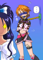 2girls ball_gag blindfold blush bondage boots bow breast_bondage breath chains clothing collar crazy_eyes crop_top crotch_rope cure_black cure_white depth_of_field earrings evil_smile female fingerless_gloves futari_wa_precure futari_wa_pretty_cure gag gagged jewelry leash magical_girl misumi_nagisa multiple_girls orange_hair precure pretty_cure purple_hair rope skirt slave spark_utamaro vibrator yukishiro_honoka yuri