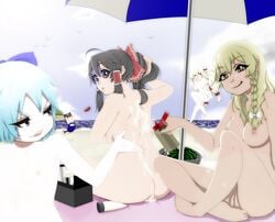 5girls barefoot beach bloom braid breasts chen cirno feet flat_chest highres lotion marisa_kirisame md5_mismatch multiple_girls nipples nude oil pale_skin parasol pussy reimu_hakurei shigeruoomi smile touhou umbrella uncensored yukari_yakumo