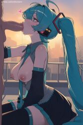 1boy 1girl ai_generated black_legwear breasts breasts_outside detached_sleeves fellatio hatsune_miku heart heart-shaped_pupils hetero hi_res high_quality high_resolution long_hair medium_breasts nipples open_shirt oral patreon penis seductive sexy skirt symbol-shaped_pupils testicles thighhighs twintails uncensored very_long_hair vocaloid watermark