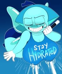 1girls aquamarine_(steven_universe) big_breasts blue_body blue_bow blue_hair blue_skin blue_wings breasts female gem gem_(species) hair_bow huge_breasts lactation ota_(artist) short_hair solo steven_universe thick_thighs wings