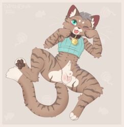 :3 animal_genitalia anthro blue_eyes blush brown_body brown_fur brown_pawpads butt butt_from_the_front cheek_tuft clothing collar colored crop_top cute_fangs digital_drawing_(artwork) digital_media_(artwork) domestic_cat facial_tuft fangs felid feline felis fur genitals hair hi_res male male_anthro mammal navel one_eye_closed pawpads paws shaded sheath shirt short_hair simple_background solo spread_legs spreading striped_body striped_fur stripes tail taintedstar teeth topwear tuft whiskers