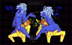 artist_logo blue_(deltarune) canon_couple couple_(romantic) cowboy deltarune deltarune_chapter_5 dialogue digital_art gay gay_sex hairy hairy_arms hairy_chest hairy_crotch hairy_male holding_hands interracial interracial_yaoi male male/male male_only petnames pleasure_face pleasured pulling_off_condom riding riding_cock riding_penis sitting_on_person yellow_(deltarune)