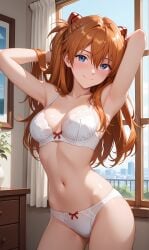 abdomen ai_generated armpits arms_up asuka_langley_sohryu blue_eyes blushing bra breasts cleavage evangelion hip_bones hips lace long_hair looking_at_viewer midriff navel neon_genesis_evangelion panties pixai red_hair sexy_pose slim_body smiling_at_viewer smug_expression thighs waist white_bra white_lingerie white_panties