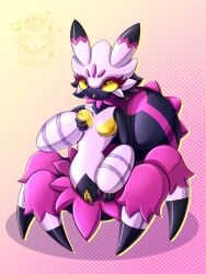 2026 3:4 4_fingers absurd_res animal_genitalia anthro arachnid arachnid_taur areola arthropod arthropod_abdomen arthropod_taur big_ears black_abdomen black_body black_ear_tips black_fur black_neck bottomwear bottomwear_pull breast_play breasts claws clothing clothing_pull compound_eyes digital_drawing_(artwork) digital_media_(artwork) dipstick_ears ear_markings english_text exoskeleton exposed_breasts eyelashes facial_markings female fingers fluffy forehead_markings frill_(anatomy) fur genital_slit genitals gradient_background halftone halftone_background head_markings hi_res large_abdomen long_ears looking_at_viewer mammal markings multicolored_body multicolored_ears neck_frill nipples non-mammal_breasts non-mammal_nipples nude pal_(species) palmorph palworld pattern_background pink_background pink_body pink_eyelashes pink_fur pink_legs pink_markings pink_torso pocketpair pupils purple_markings segmented_body segmented_legs signature simple_background skin_pattern skirt skirt_pull slender_torso slit_pupils small_breasts solo spider spider_body spider_taur spikes striped_arms tarantriss tasseya taur text url vulva watermark yellow_background yellow_breasts yellow_eyes yellow_nipples yellow_sclera yellow_vulva