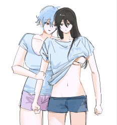 2girls alternate_costume black_hair breast_grab canon_genderswap genderswap_(mtf) ginko_sakata gintama gintoki_sakata grabbing_from_behind groping groping_from_behind katsura_kotarou long_hair pale-skinned_female pale_skin red_eyes rule_63 shirt_lift shirt_up short_hair short_shorts smile white_hair yuri