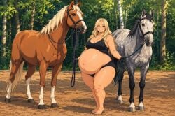 big_breasts big_tits blonde blonde-haired_female blonde_female blonde_hair forest horse preggo pregnant pregnant_belly pregnant_female tits
