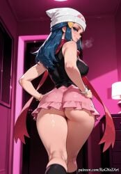 1girl 2026 ai_generated anime ass bare_shoulders beanie black_shirt black_socks blue_eyes blue_hair blush boobs bracelet breasts buttocks cleavage closed_mouth covered_nipples crossover dawn_(pokemon) eye_contact female female_focus flushed from_behind hair_accessory hair_ornament hands_on_hips hat highres huge_breasts indoors inside jewelry kneehighs kneepits lamp large_breasts lips long_hair looking_at_viewer looking_back miniskirt neutral_expression nintendo nsfw patreon patreon_username pink_skirt red_scarf rognezart scarf shiny shiny_skin shirt skirt sleeveless smile smiling socks solo thick_thighs thighs very_long_hair white_headwear