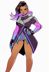 1girl ai_generated asymmetrical_hair bare_legs black_hair breasts claws clothing coat dark-skinned_female dark_skin earrings eyeshadow female fingerless_gloves fingernails full_body gloves gradient_hair hand_on_own_hip high_collar jewelry legs lips lipstick long_hair looking_at_viewer makeup mole mole_under_eye multicolored_hair nail_polish overwatch purple_eyes purple_hair purple_lips purple_nails short_dress short_sleeves sidecut smile solo sombra standing stud_earrings thighs toenail_polish transparent_background trench_coat two-tone_hair undercut