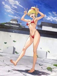 1girl bare_shoulders bikini bleach blonde_hair blue_sky breasts brown_eyes cloud feet female_focus full_body hands_up large_breasts leaf naru_jurinna navel official_art open_mouth outdoors ponytail red_bikini scrunchie sky solo solo_focus swimsuit tagme teeth third-party_edit tongue upper_teeth_only v wide_sleeves