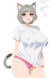 :3 baggy_shirt big_breasts catgirl chainsmoker_cat ear_piercing female female_only grey_hair legs pink_panties seductive smoking_cigarette tail white_shirt