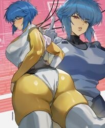 1girls armor artist_signature ass blue_hair bodysuit cowboy_shot cyborg erect_nipples erection_under_clothes ghost_in_the_shell hand_on_hip kusanagi_motoko large_breasts looking_at_viewer red_eyes science_saru short_hair smile the_ghost_in_the_shell thick_thighs tight_clothing