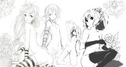 4girls ass black_legwear black_thighhighs choker elbow_gloves elf everyone female flat_chest flower gloves group long_hair looking_back monochrome novemdecuple pointy_ears short_hair simple_background striped striped_legwear thighhighs