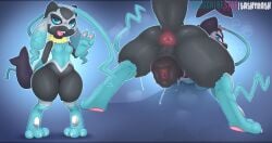 2026 3_toes animal_genitalia animal_vulva anthro anus backsash bent_over blue_eyes bodily_fluids breasts butt canid canine canine_genitalia canine_vulva claws digital_media_(artwork) fakemon feet female fur generation_4_pokemon genitals hair hi_res hybrid looking_at_viewer looking_back mammal mega_riolu_z nintendo nude open_mouth pawpads paws pokemon pokemon_(species) riolu simple_background smile solo subscribestar sweat tail thick_thighs toe_claws toes tongue vulva