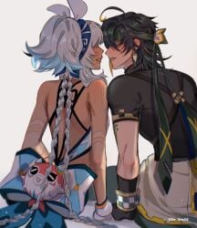 genshin_impact imminent_kiss kinich_(genshin_impact) kissing mualani_(genshin_impact) wholesome