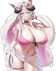 animal_ears bare_arms bare_shoulders bikini bracelet breasts cleavage cowboy_shot curved_horns curvy fraeya_(vtuber) giyeodeo glasses grin heart horns huge_breasts indie_virtual_youtuber jewelry long_hair navel pink_hair ponytail sarong solo swimsuit tail tattoo thighs wet white_hair wide_hips wolf_ears wolf_girl wolf_tail