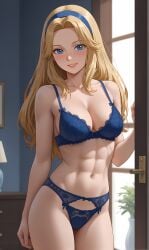 abdomen abs adult_female ai_generated alternative_universe blonde_hair blue_bra blue_eyes blue_garter_belt blue_hairband blue_lingerie blue_panties blushing bra breasts cleavage garter_belt grown_up half_naked hip_bones hips lingerie lingerie_only lipstick long_hair looking_back maria_robotnik medium_breasts midriff navel panties pixai seductive_look sonic_(series) sonic_the_hedgehog_(series) thighs toned_abs toned_body waist