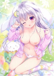1girl ameto_yuki blush breasts breasts_out exposed_breasts hair_ornament highres knee_socks large_breasts long_hair nipples open_shirt original panties rabbit_ears rabbit_girl shirt sitting small_but_busty socks sweater thighhighs underwear white_hair
