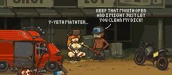 1boy 1boy1girl 1girls aiming_penis background big_breasts black_penis breasts carol_(dead_ahead) dark-skinned_male dead dead_ahead dialogue drinking_urine gravity_falls open_mouth pee_on_face pee_on_floor peeing peeing_on_another peeing_on_breasts peeing_on_chest penis penis_out pitchfork pixel_art skimpy squatting submitting tongue_out vehicle wendy_corduroy