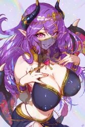 breasts cleavage demon_girl demon_horns demon_wings female female_only horns indie_virtual_youtuber long_hair mile momoyama_tits mouth_veil navel pointy_ears purple_eyes purple_hair see-through smile solo veil virtual_youtuber wings