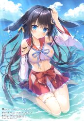 absurdres ameto_yuki animal_ears beach black_hair blue_eyes blush breasts cleavage female flower hair_flower hair_ornament hakama hakama_skirt highres japanese_clothes large_breasts long_hair miko nipples nipples_visible_through_clothing noir_(ameto_yuki) original ribbon-trimmed_sleeves ribbon_trim sea sitting skirt water wet wet_clothes wide_sleeves