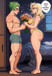 1boy 1girl ai_generated ass barefoot bed bedroom blonde_hair blush bouquet boxer_briefs boxers bra breasts bulge clothing couple door english_text female flower from_side full_body genji green_hair height_difference hetero holding holding_bouquet indoors large_breasts large_pectorals long_hair looking_at_another male male_underwear mercy muscle muscular muscular_male nipples overwatch panties pectorals short_hair smile speech_bubble standing thick_thighs thighs topless_male underwear underwear_only window yellow_bra yellow_panties