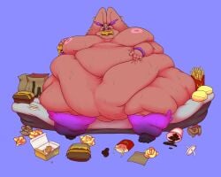 absurd_res alternative_fashion anthos_miserae_(mitzapizza) anthro belly belly_overhang belly_rolls big_belly black_hair brown_body brown_fur chubby_cheeks deep_navel double_chin dyed_fur ear_piercing eating fat_rolls femboy food food_in_mouth fur generation_4_pokemon goth gradient_hair hair hi_res highlights_(coloring) holding_food holding_object huge_belly hyper hyper_belly leg_fluff leg_rolls looking_at_viewer lopunny male messy milkmeats morbidly_obese morbidly_obese_male multicolored_hair navel navel_piercing neck_rolls nintendo nipple_piercing nipples nude obese obese_male overweight overweight_male piercing pokemon pokemon_(species) purple_hair solo stuffing thick_thighs weight_gain wide_hips wrist_fluff