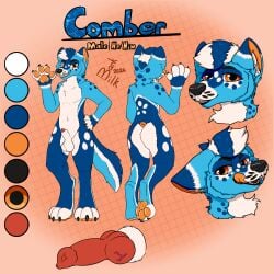 1:1 2026 3_toes absurd_res animal_genitalia animal_penis anthro balls blue_body blue_fur canid canine canine_genitalia canine_penis claws color_swatch english_text facial_markings featureless_chest feet full-length_portrait fur genitals glistening glistening_eyes gloves_(marking) hair head_markings headshot_portrait hi_res inner_ear_fluff knot leg_markings licking licking_lips m1lkb4rk male mammal markings mask_(marking) model_sheet multicolored_body multicolored_fur orange_eyes orange_inner_ear orange_pawpads orange_tongue palette pattern_background pawpads paws penis penis_poking_out portrait red_penis sheath signature simple_background smile socks_(marking) spots spotted_body spotted_fur spotted_markings striped_ears striped_hair striped_markings striped_tail stripes tail tail_markings teeth text toes tongue tongue_out tuft vein veiny_knot whisker_spots white_body white_fur white_markings