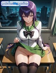 1girls 2026 ai_assisted ai_generated anime boobs breasts bust chair cityscape classroom clothes_lift desk green_skirt hi_res high_quality high_resolution highres highschool_of_the_dead lifted_by_self long_hair on_desk patreon patreon_username saeko_busujima school school_chair school_desk school_uniform sitting sitting_on_desk skirt skirt_lift skypassion solo stable_diffusion thighhighs tits watermark