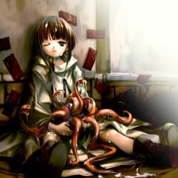 2009 bangs blunt_bangs boots brown_hair cape cum cum_on_hair expressionless female full_body green_eyes highres hitomaru indoors monster one-eyed open_mouth original room scar sitting solo spread_legs tentacle tentacle