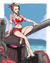 bandana bikini_top blonde_hair earrings feet final_fantasy_vii fingernails foot_jewelry jewelry lipstick makeup mecha medium_breasts milf necklace painted_background painted_nails painted_toenails pinup pinup_pose polka_dot reshaflame scarlet_(ffvii) sfw shorts sidelocks tied_shirt updo