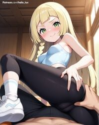 1girl1boy ai_generated ass blonde blonde-haired_female blonde_female blonde_hair blush blush_lines blushing booty butt cameltoe camisole clothed clothing flirting grabbing grabbing_another's_ass grabbing_ass grabbing_from_behind grabbing_own_ass green_eyes lillie_(pokemon) male_pov midriff mounting petite petite_body petite_breasts petite_female petite_girl petite_tits pokemon pokemon_trainer ponytail pov pussy pussy_visible_through_clothes rear_view skinny skinny_female small_breasts smirk smirking smirking_at_viewer teasing teasing_viewer thighs thin_waist yoga_pants