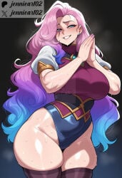 1girl ai_generated artist_name black_background black_thighhighs blue_hair blush breasts clothing curvy earrings female gradient_background gradient_hair green_eyes grin groin highleg highleg_leotard jennieart02 jewelry large_breasts league_of_legends legwear leotard long_hair looking_at_viewer multicolored_hair own_hands_together palms_together patreon patreon_logo patreon_username pink_hair pink_nails puffy_short_sleeves puffy_sleeves purple_hair seraphine_(league_of_legends) short_sleeves skindentation smile solo standing sweat teeth thick_thighs thighhighs thighs twitter twitter_username very_long_hair watermark web_address wide_hips