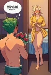 1boy 1girl ai_generated back barefoot bed bedroom blonde_hair blush bouquet boxer_briefs breasts briefs bulge cleavage clothes_lift clothing couple dress dress_lift english_text erection erection_under_clothes female flower from_behind full-face_blush genji green_hair hair_down hetero holding indoors long_hair looking_at_another male male_underwear medium_breasts mercy overwatch panties red_flower rose short_hair smile speech_bubble standing topless_male underwear walk-in yellow_dress yellow_panties