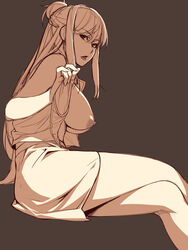 breasts hair_bun hands ino kisaragi_rei large_breasts monochrome nipples otome_function simple_background