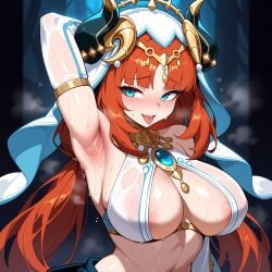 1girl :p ai_generated alternate_breast_size aqua_eyes areola_slip arm_behind_head arm_up armpits arms_behind_head arms_up bangs bare_shoulders blush breasts brooch circlet cleavage clothing detached_sleeves fake_horns female flying_sweatdrops genshin_impact harem_outfit horns jewelry large_breasts long_hair long_sleeves looking_at_viewer low_twintails lunaart navel neck_ring nilou_(genshin_impact) open_mouth parted_bangs presenting_armpit raised_eyebrows red_hair see-through sidelocks smile solo steaming_body stomach sweat tongue tongue_out twintails upper_body veil wet white_headwear white_veil