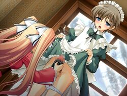 androgynous applemint blue_eyes blush brown_hair censored crossdressing cum ejaculation femdom game_cg handjob hitoshi_feburary karen_grape long_hair maid_headdress odawara_hakone ojousama_noinutsu!_~boku_no_subete_ha_kun_no_mono~ open_mouth panties penis short_hair source_request tied_hair trap twintails underwear white_panties