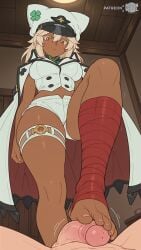 ai_assisted ai_generated barefoot big_breasts blonde_hair blush breasts brown_eyes curvy curvy_body curvy_female dark-skinned_female dark_skin embarrassed feet flustered foot_fetish foot_focus footjob guilty_gear guilty_gear_strive large_breasts looking_at_viewer male_pov medium_hair moonwool_branch pov ramlethal_valentine seductive seductive_eyes seductive_look seductive_mouth seductive_pose short_hair standing standing_on_one_leg thick_ass thick_thighs thighs toes uncensored white_hair yellow_eyes