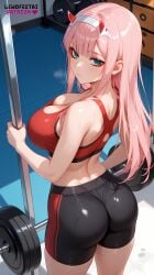 ai_assisted ai_generated ass ass_grab big_breasts breasts cleavage darling_in_the_franxx female gym gym_clothes gym_shorts lewdfeetai pink_hair solo sweat zero_two_(darling_in_the_franxx)