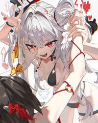 2girls arm_straps bare_shoulders bikini bikini_bottom bikini_top blush blushing braided_hair breasts brown_hair catfight diamond_mark fighting fighting_back forced_clothes_wearing golden_bikini golden_bikini_top grabbing_hair hair_between_eyes hair_intakes hair_vents hand_on_arm hand_on_face hat heart heart_mark hearts hips holding_back holding_bikini holding_bikini_top holding_clothing honkai_(series) honkai_star_rail hoyoverse lesbian long_hair long_nails marking_below_eyes micro_bikini midriff mouth_open painted_nails petite petite_body pulling_hair rabbit_ears red_string resisting ribbon sco_ttie scottie_(phantom2) small_breasts spade_symbol sparkle_(honkai:_star_rail) sparxie_(honkai:_star_rail) standing sweat sweating swimsuit swimwear teeth thick_thighs thigh_strap thighs tongue twin_tails up_arrow white_hair wide_hips wristband yuri