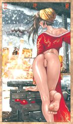 ass back barefoot bent_over blush bottomless brown_eyes brown_hair censored copyright_request feet from_behind hellhound highres kneepits legs long_hair pov_feet shiny shiny_skin shirou_masamune shirow_masamune soles solo surprised toes