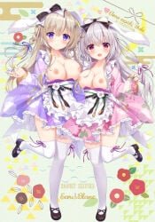 2girls ameto_yuki asymmetrical_docking blonde_hair braided_hair braided_ponytail breasts breasts_out exposed_breasts female female_only frilled_kimono frills hair_ornament hair_ribbon headdress highres japanese_clothes kimono large_breasts loafers long_hair low_braid low_twintails nipples open_clothes open_kimono original shoes thighhighs tied_hair twin_braids wa_maid white_hair