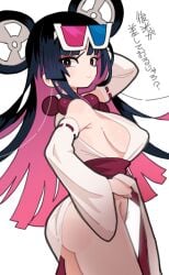 ass black_eyes black_hair blush breasts cleavage gashi-gashi headgear large_breasts long_hair looking_at_viewer looking_back movie_goddess_(gashi-gashi) necklace original pink_hair revealing_clothes sleeveless slim_waist sweat sweatdrop sweating tagme text tied_hair uejini voluptuous wide_hips