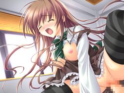 akane-iro_ni_somaru_saka blush breasts brother_and_sister brown_hair censored cowgirl_position female game_cg immoral incest long_hair nagase_minato open_mouth school_uniform sex siblings sister taboo thighhighs vaginal_penetration